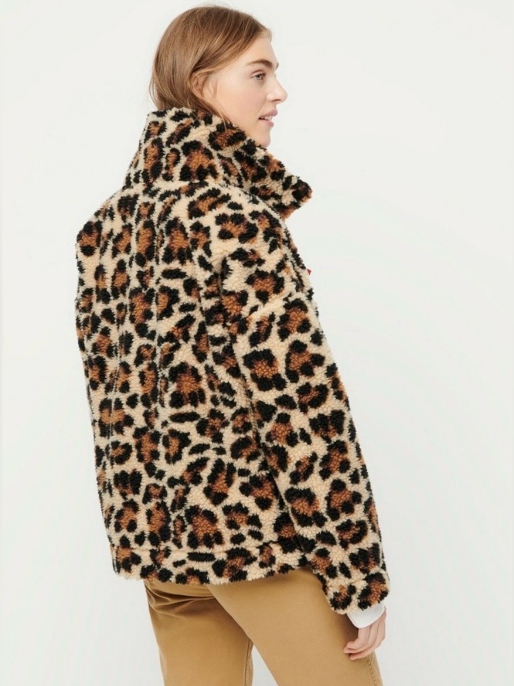 J. Crew Snap-collar Vintage Fleece Sherpa Sweatshirt in Leopard size M